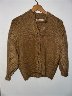 ZARA Camel Knit Chunky Button Cardigan Sweater